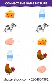 Education game for children connect the same picture of cute cartoon cheese cow meat milk chicken printable farm worksheet