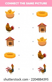 Juego de educación para niños conecta la misma imagen de una linda caricatura de pollo de gallina de gallina de gallina de gallo nido de coop de gallo hoja de cálculo imprimible