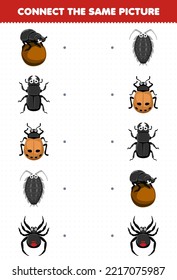 Education game for children connect the same picture of cute cartoon beetle ladybug louse spider printable bug worksheet