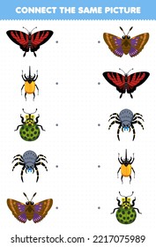 Education game for children connect the same picture of cute cartoon butterfly beetle ladybug spider moth printable bug worksheet