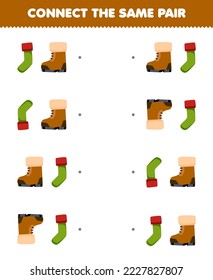 Education game for children connect the same picture of cute cartoon sock and boot pair printable winter worksheet