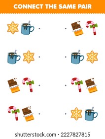 Education game for children connect the same picture of cute cartoon cookie chocolate candy pair printable winter worksheet