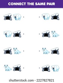 Education game for children connect the same picture of cute cartoon polar bear and den pair printable winter worksheet