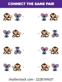 Education game for children connect the same picture of cute cartoon monkey and koala pair printable animal worksheet