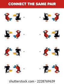 Juego de educación para niños conecta la misma imagen del loro lindo de dibujos animados y la hoja de cálculo de animales imprimibles de pares de tuits