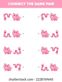 Education game for children connect the same picture of cute cartoon worm and pig pair printable animal worksheet