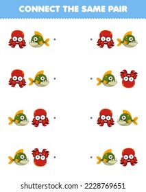 Juego de educación para niños conecta la misma imagen del pulpo lindo de dibujos animados y la hoja de cálculo de animales imprimibles de la pareja piranha