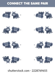 Education game for children connect the same picture of cute cartoon elephant and rhino pair printable animal worksheet