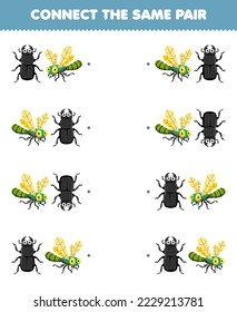 Education game for children connect the same picture of cute cartoon beetle and dragonfly pair printable bug worksheet