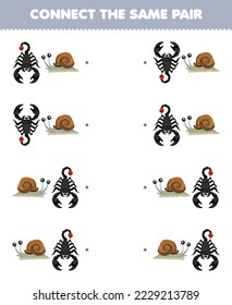 Education game for children connect the same picture of cute cartoon scorpion and snail pair printable bug worksheet