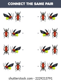 Education game for children connect the same picture of cute cartoon firefly and beetle pair printable bug worksheet