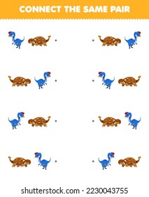 Education game for children connect the same picture of cute cartoon oviraptor and ankylosaurus pair printable wearable prehistoric dinosaur worksheet