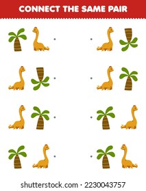 Education game for children connect the same picture of cute cartoon tree and brontosaurus pair printable wearable prehistoric dinosaur worksheet