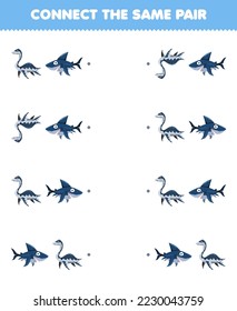 Education game for children connect the same picture of cute cartoon plesiosaurus and megalodon pair printable wearable prehistoric dinosaur worksheet