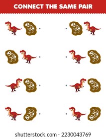 Education game for children connect the same picture of cute cartoon tyrannosaurus and fossil pair printable wearable prehistoric dinosaur worksheet