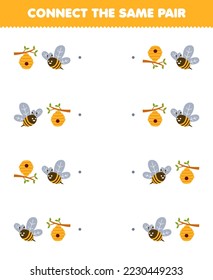 Education game for children connect the same picture of cute cartoon bee and beehive pair printable farm worksheet
