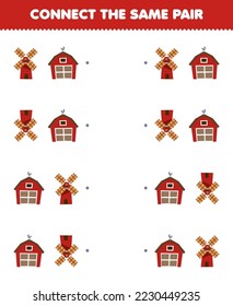 Education game for children connect the same picture of cute cartoon windmill and barn pair printable farm worksheet