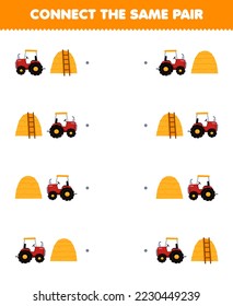 Education game for children connect the same picture of cute cartoon tractor and haystack pair printable farm worksheet