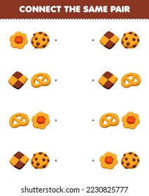 Erziehungsspiel für Kinder verbindet das gleiche Bild von süßen Cartoon-Cookie-Paar druckbare Essensblatt