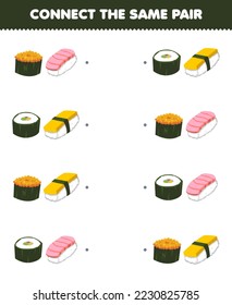 Juego de educación para niños conecta la misma imagen de una tierna hoja de trabajo de comida japonesa imprimible con la pareja sushi de dibujos animados