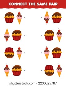 Erziehungsspiel für Kinder verbindet das gleiche Bild von süßem Cartoon-Cupcake und Eis-Paar druckbare Essensblatt
