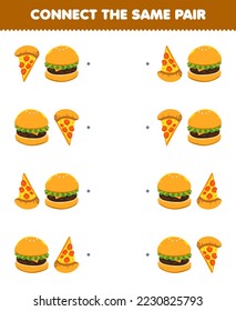 Education game for children connect the same picture of cute cartoon pizza and burger pair printable food worksheet