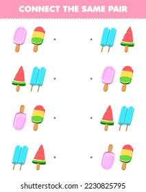 Education game for children connect the same picture of cute cartoon popsicle pair printable food worksheet