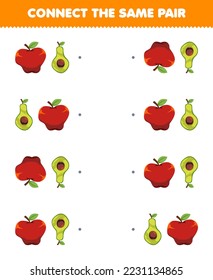 Juego de educación para niños conecta la misma imagen de la manzana tierna de dibujos animados y la hoja de cálculo de fruta imprimible de la pareja aguacate