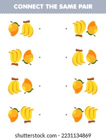 Education game for children connect the same picture of cute cartoon mango and banana pair printable fruit worksheet