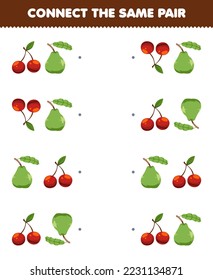 Education game for children connect the same picture of cute cartoon cherry and guava pair printable fruit worksheet