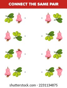 Juego de educación para niños conecta la misma imagen de la hoja de cálculo de fruta imprimible de la pareja de olivos bonitos y anacardos