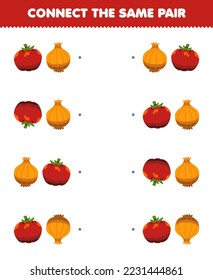 Education game for children connect the same picture of cute cartoon tomato and onion pair printable vegetable worksheet