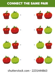 Education game for children connect the same picture of cute cartoon paprika and tomato pair printable vegetable worksheet