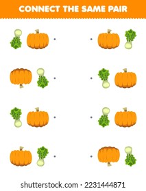 Education game for children connect the same picture of cute cartoon lettuce and pumpkin pair printable vegetable worksheet
