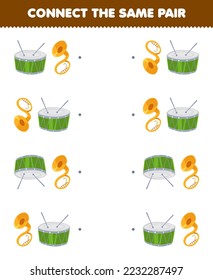 Education game for children connect the same picture of cute cartoon drum and sousaphone pair printable music instrument worksheet