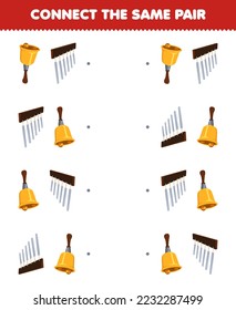 Education game for children connect the same picture of cute cartoon bell and chimes pair printable music instrument worksheet