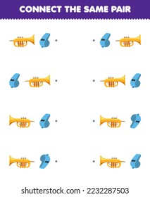 Education game for children connect the same picture of cute cartoon trumpet and whistle pair printable music instrument worksheet