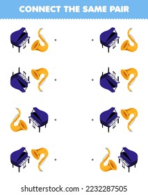 Education game for children connect the same picture of cute cartoon piano and saxophone pair printable music instrument worksheet