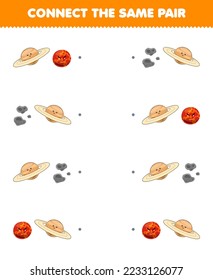 Education game for children connect the same picture of cute cartoon saturn mars and asteroid pair printable solar system worksheet