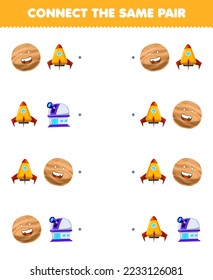 Education game for children connect the same picture of cute cartoon planet rocket and planetarium pair printable solar system worksheet