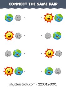 Education game for children connect the same picture of cute cartoon earth moon and sun pair printable solar system worksheet