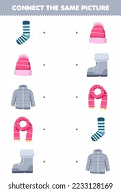 Education game for children connect the same picture of cute cartoon sock beanie coat scarf boot printable winter worksheet