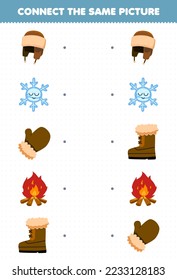 Education game for children connect the same picture of cute cartoon hat snowflake mitten bonfire boot printable winter worksheet