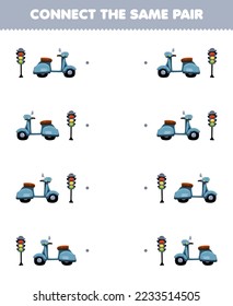 Education game for children connect the same picture of cute cartoon scooter and traffic lamp pair printable transportation worksheet