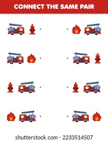 Juego de educación para niños conecta la misma imagen del fuego de un camión de dibujos animados lindo y la hoja de trabajo de transporte imprimible de la pareja hidratante
