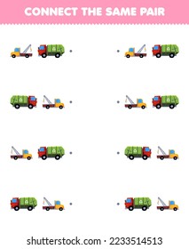 Education game for children connect the same picture of cute cartoon towing truck and garbage truck pair printable transportation worksheet