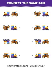 Education game for children connect the same picture of cute cartoon locomotive and carriage pair printable transportation worksheet