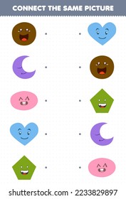 Education game for children connect the same picture of cute cartoon circle crescent oval heart pentagon printable geometric shape worksheet