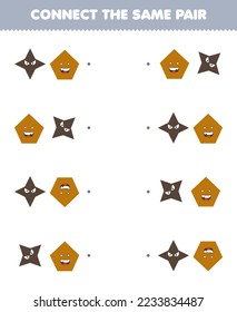 Education game for children connect the same picture of cute cartoon star and pentagon pair printable geometric shape worksheet