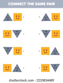 Education game for children connect the same picture of cute cartoon triangle and square pair printable geometric shape worksheet
